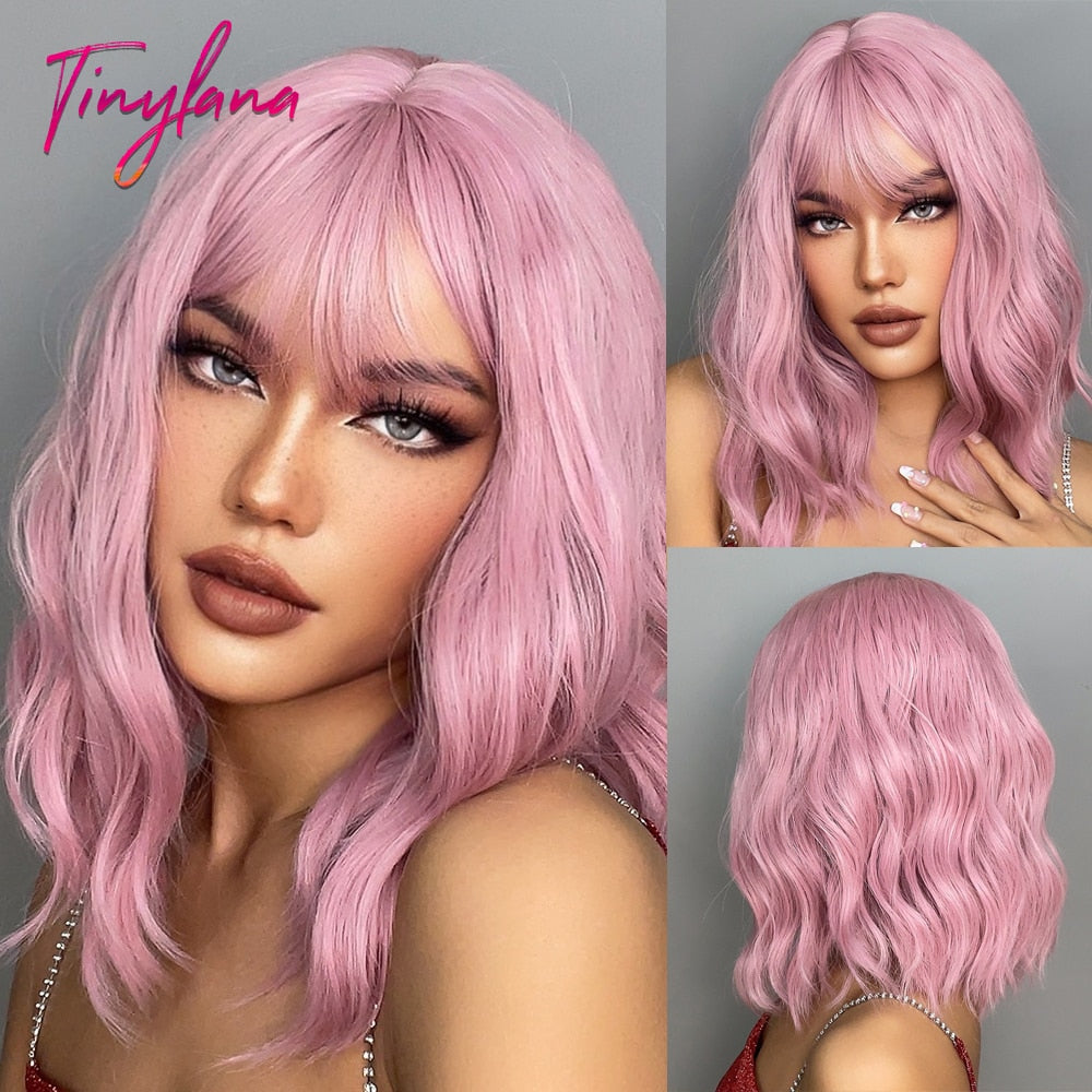 Short Wavy Dark Brown Mixed Golden Wigs with Bangs Black Blonde Bob Synthetic Hair for Women Natural Cosplay Heat Resistant Wig