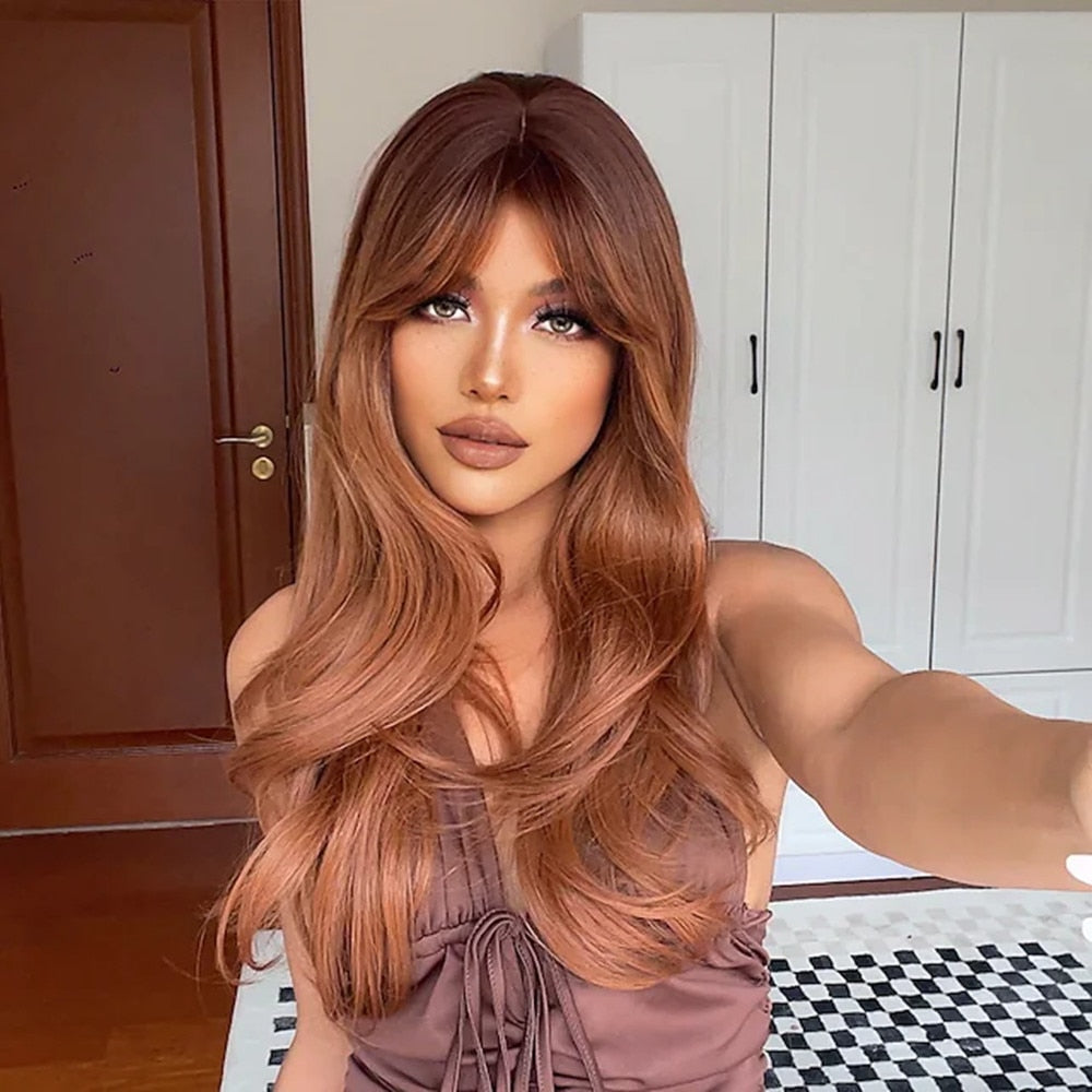 Auburn Layered Wig with Bangs Long Curly Wavy Wig for Women Synthetic Ginger Wig for Daily Party Heat Resistant Hair