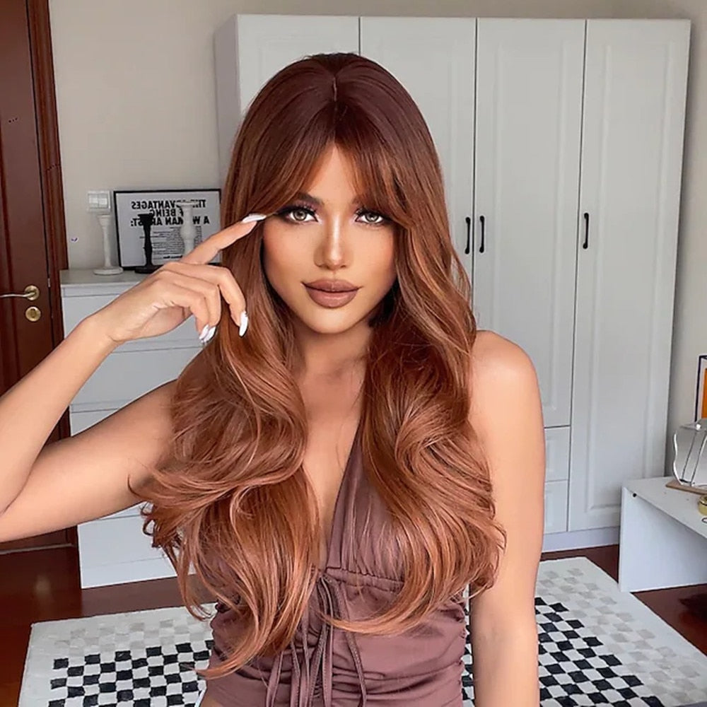 Auburn Layered Wig with Bangs Long Curly Wavy Wig for Women Synthetic Ginger Wig for Daily Party Heat Resistant Hair