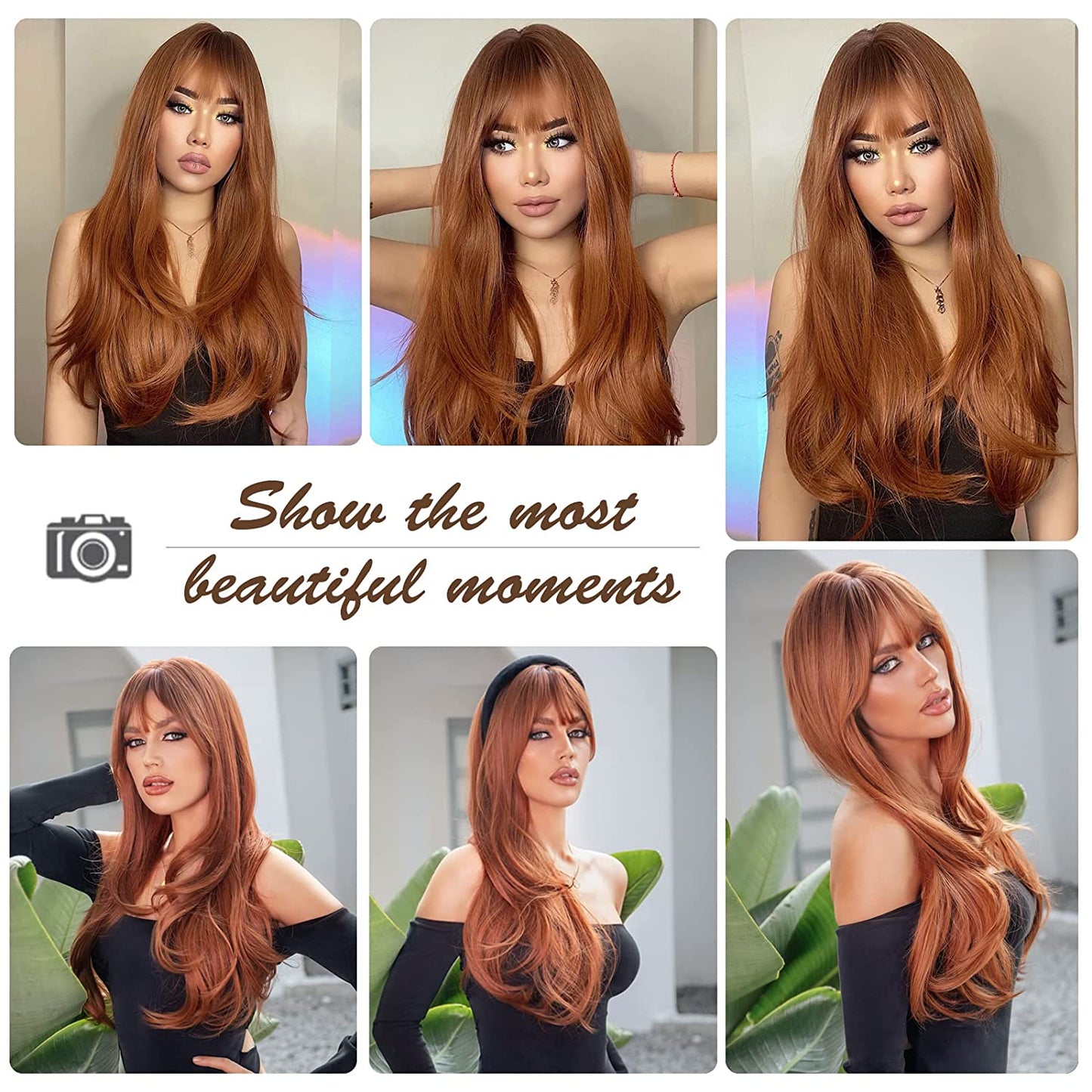 Auburn Layered Wig with Bangs Long Curly Wavy Wig for Women Synthetic Ginger Wig for Daily Party Heat Resistant Hair