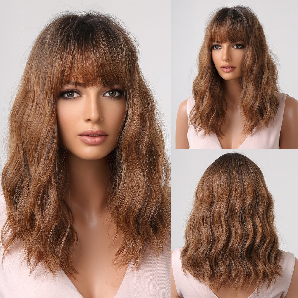 Short Wavy Dark Brown Mixed Golden Wigs with Bangs Black Blonde Bob Synthetic Hair for Women Natural Cosplay Heat Resistant Wig