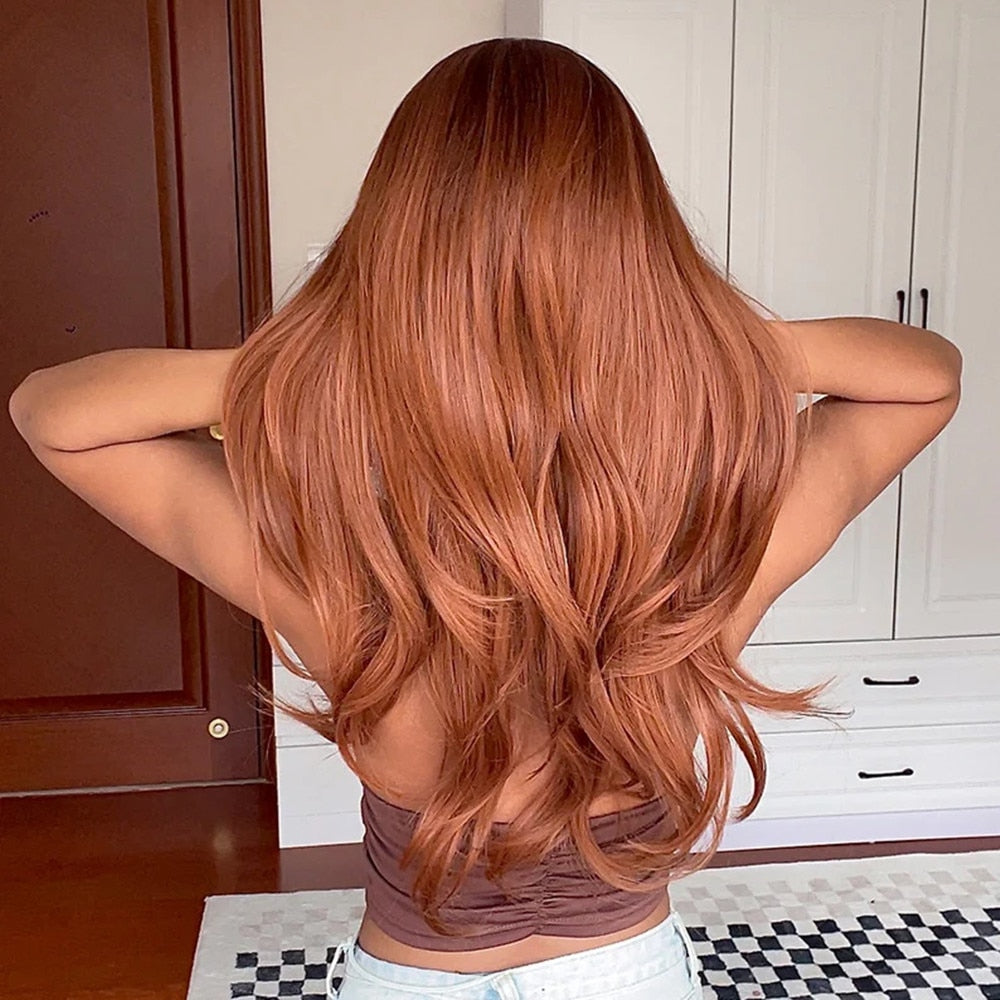 Auburn Layered Wig with Bangs Long Curly Wavy Wig for Women Synthetic Ginger Wig for Daily Party Heat Resistant Hair