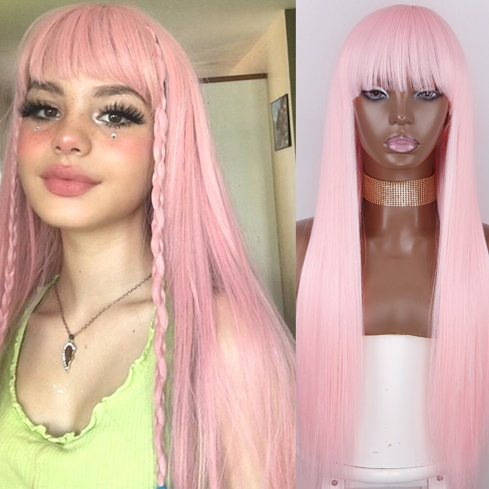 Synthetic Orange Long Straight Wig With Bangs Cosplay Synthetic Hair Wigs For Woman Heat Resistant Fiber Hair Wigs