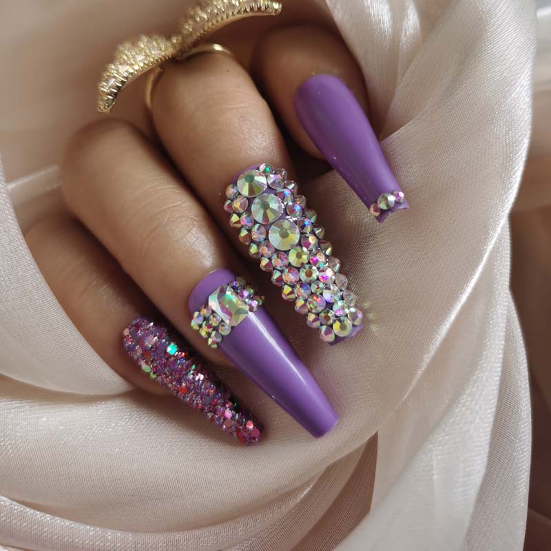 24pcs luxury jewelry long ballet coffin fake nails crystal diamond purple