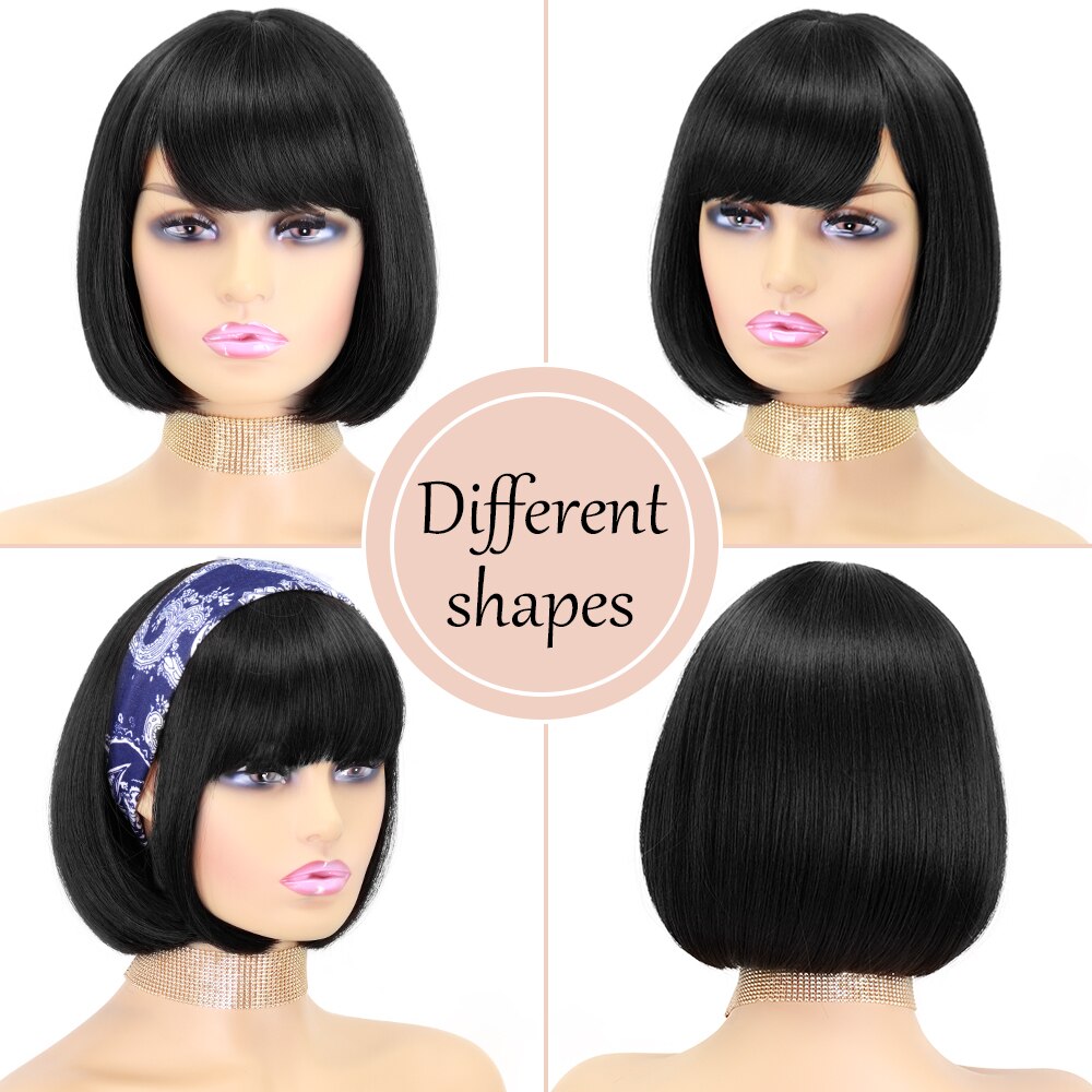 Synthetic Wigs Short Bob With Bangs For Women Ombre Black Red Blonde Pink Lolita Cosplay Party Natural Hair Roll inward