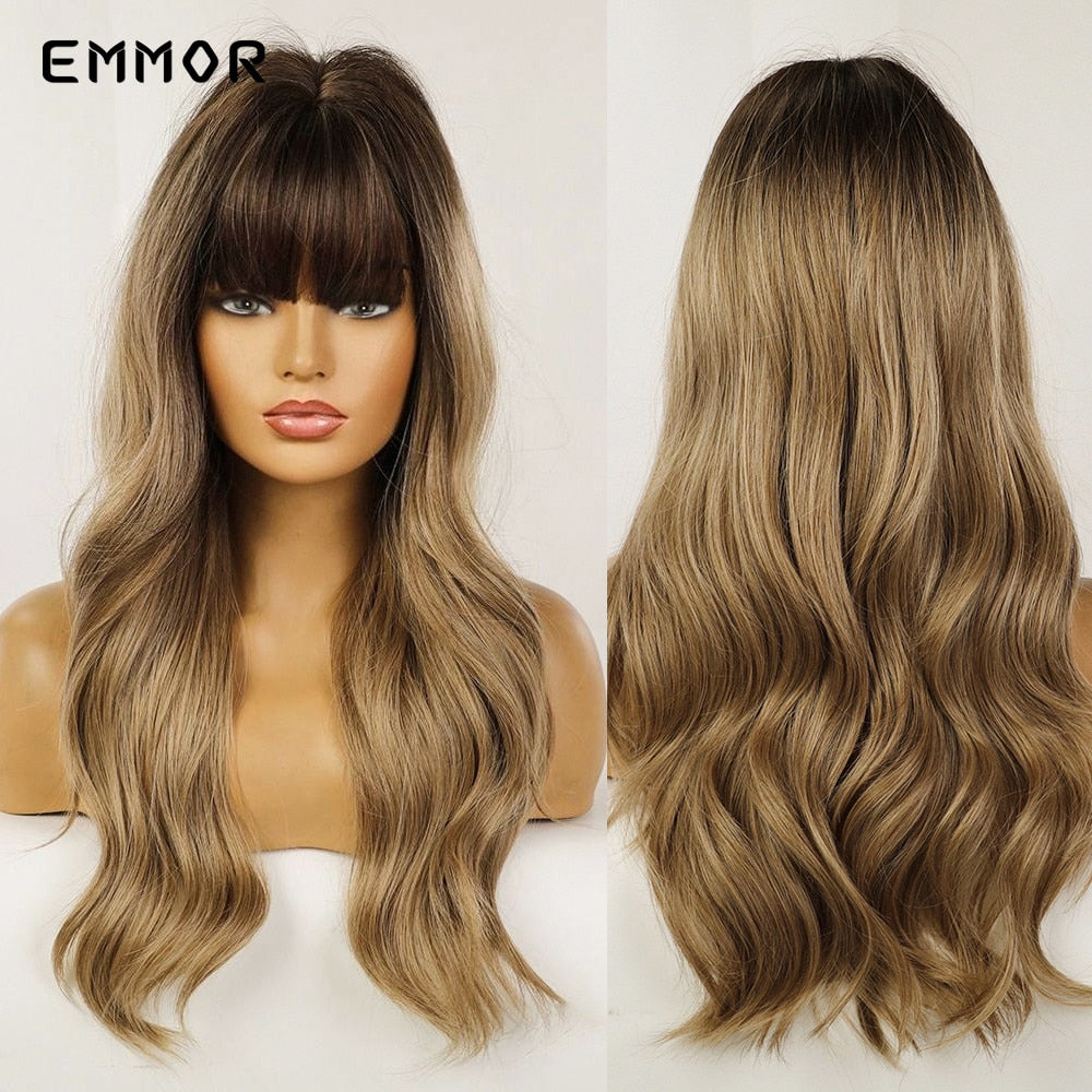 Synthetic Ombre Brown to Ginger Wigs Natural Blonde Wavy Hair Wig for Women Cosplay Orange-brown Daily Wigs with Bangs