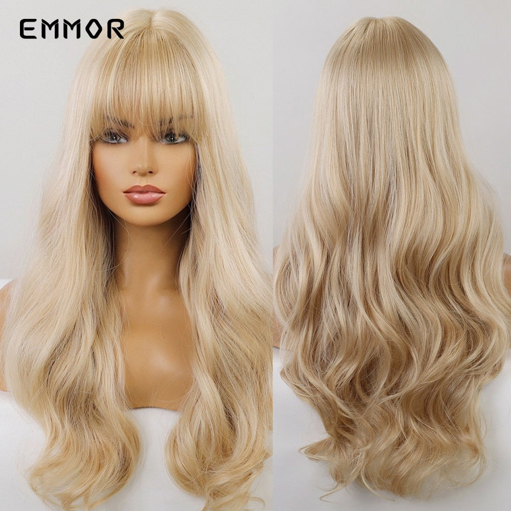 Synthetic Ombre Brown to Ginger Wigs Natural Blonde Wavy Hair Wig for Women Cosplay Orange-brown Daily Wigs with Bangs