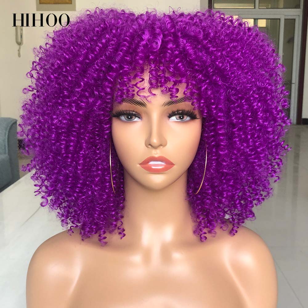 Short Hair Afro Kinky Curly Wigs With Bangs For Black Women Cosplay Lolita Synthetic Natural Blonde Wig Red Blue Orange Wig