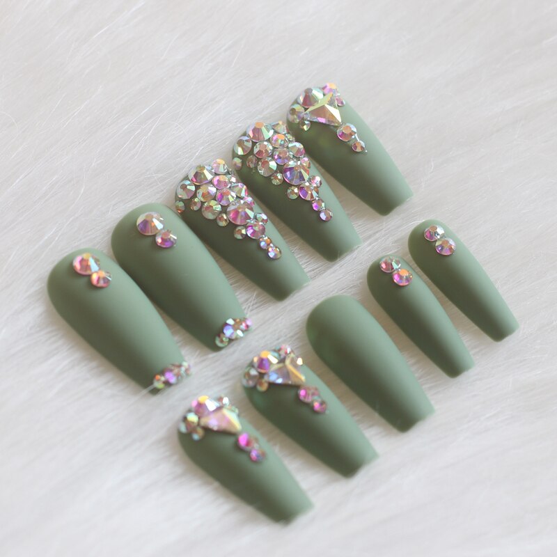 24pcs candy long ballet handmade crystal diamond Matte fake nails sexy green