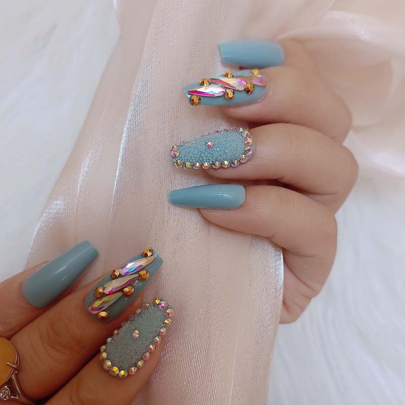 24pcs candy long ballet handmade crystal diamond fake nails sexy light blue