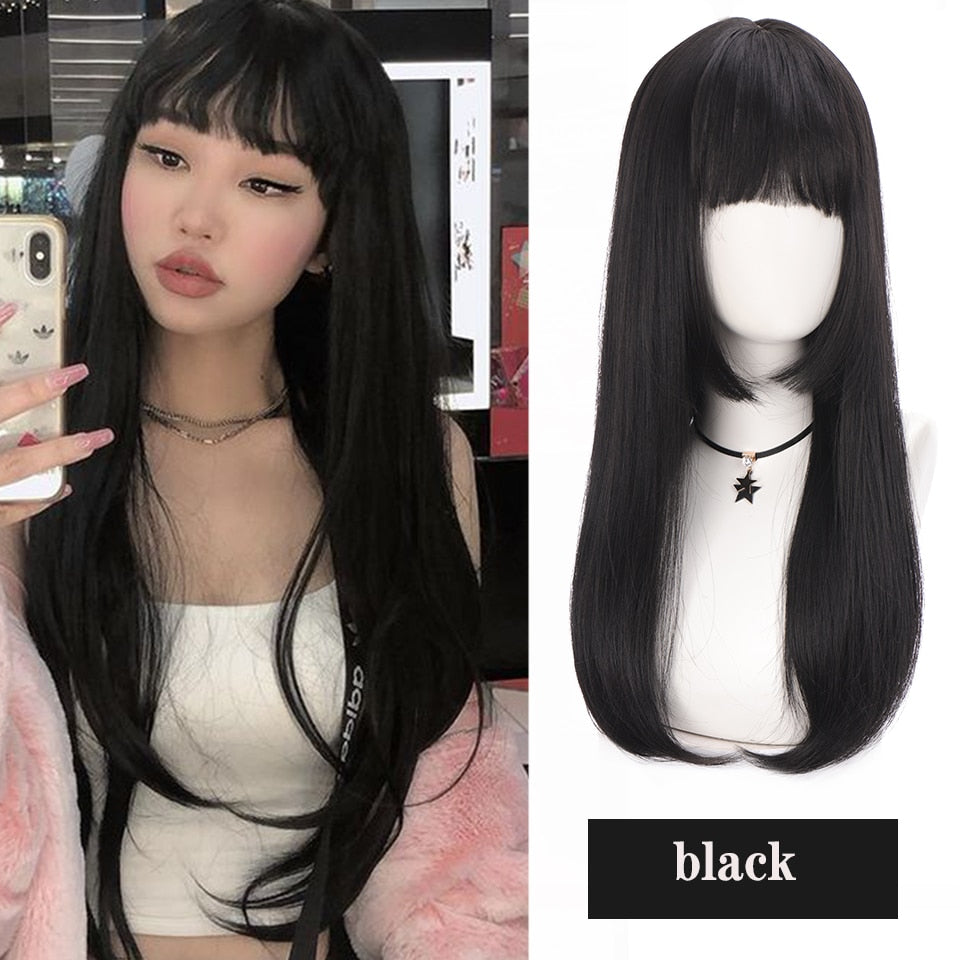 lolita wigs Long straight wigs lady gray blue high temperature resistant synthetic wig cosplay party natural wig