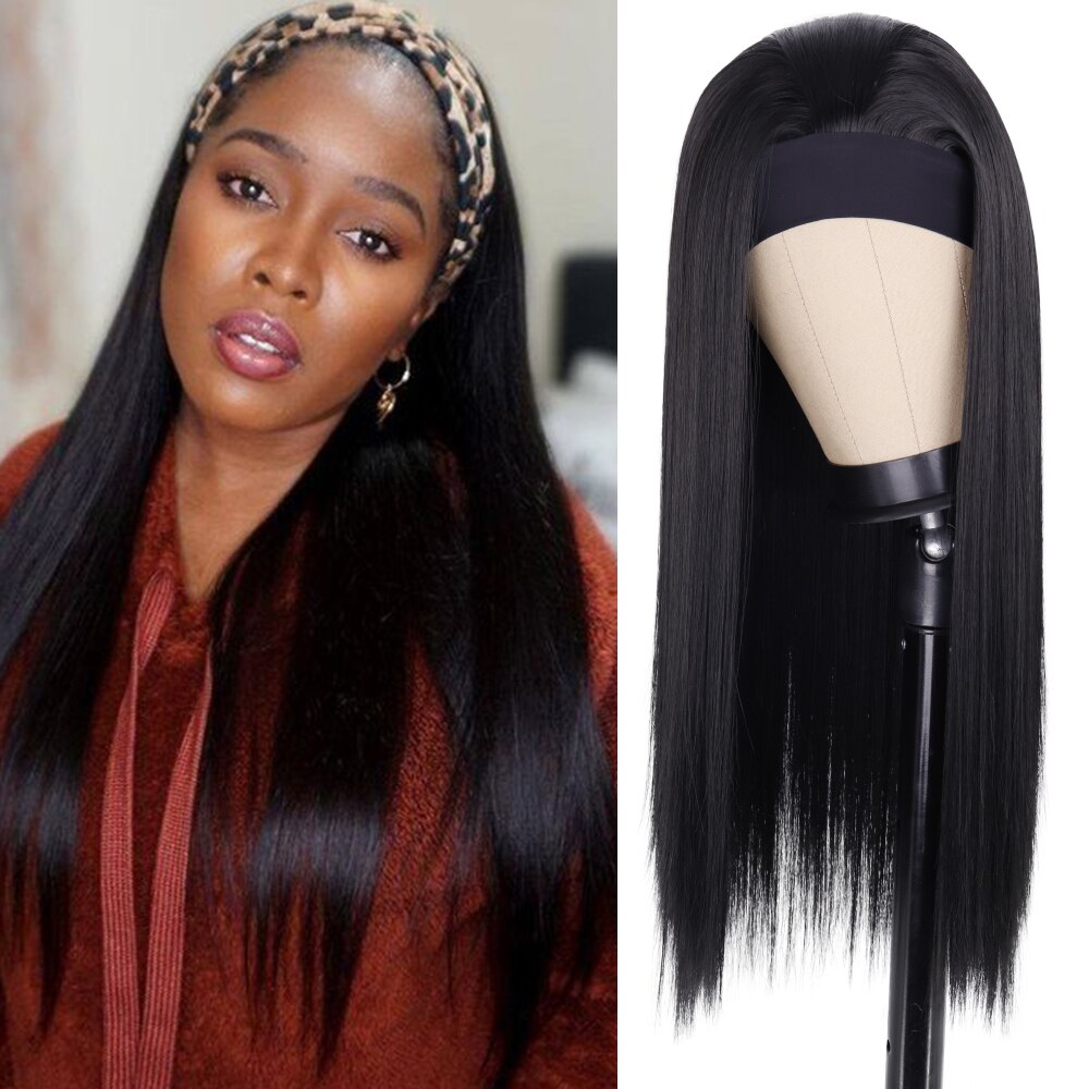 Synthetic Hair Wig 26inch Long Black Straight Headband Wigs Heat Resistant Machine Made Wig For Black Women