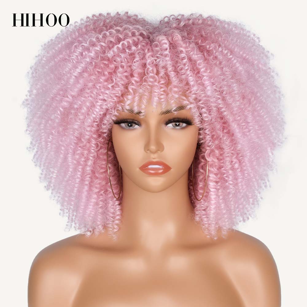 Short Hair Afro Kinky Curly Wigs With Bangs For Black Women Cosplay Lolita Synthetic Natural Blonde Wig Red Blue Orange Wig