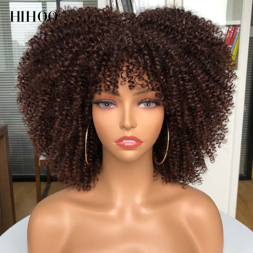 Short Hair Afro Kinky Curly Wigs With Bangs For Black Women Cosplay Lolita Synthetic Natural Blonde Wig Red Blue Orange Wig