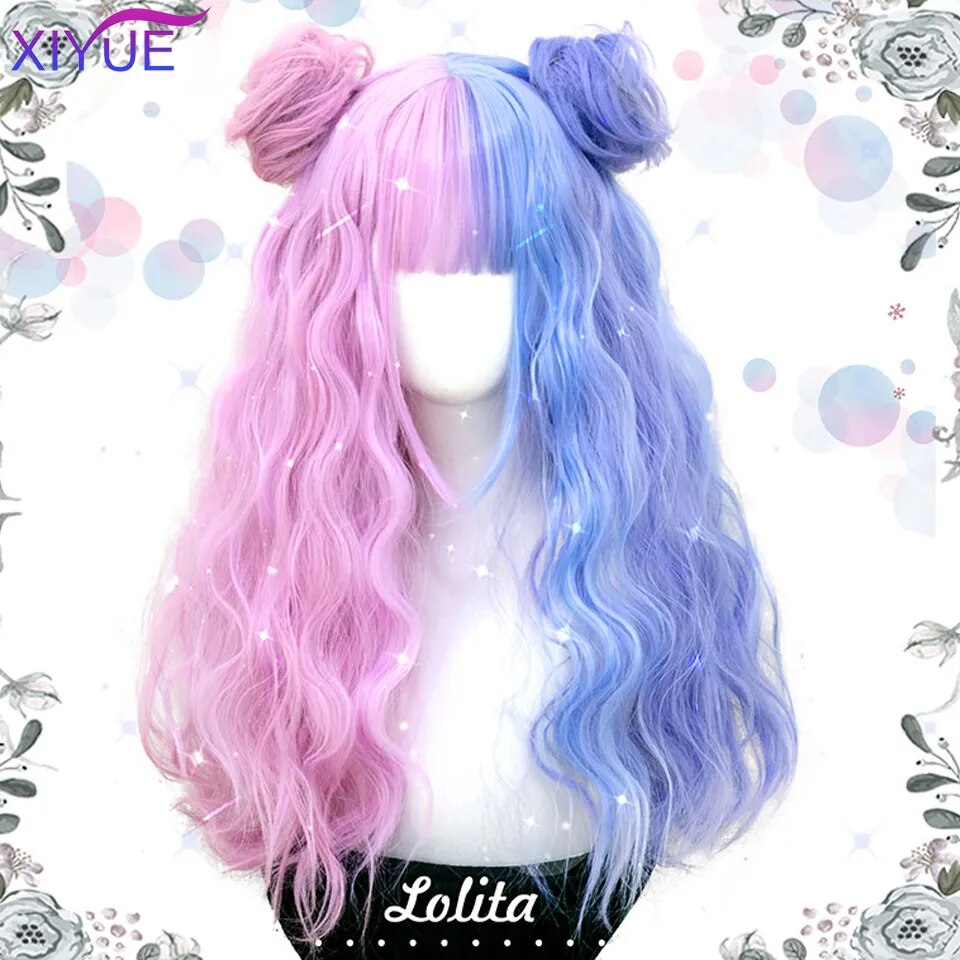 Blue Pink Lolita Wigs Ombre Long Water Wave Cosplay Wigs Synthetic Hair Wigs Heat Resistant For Women