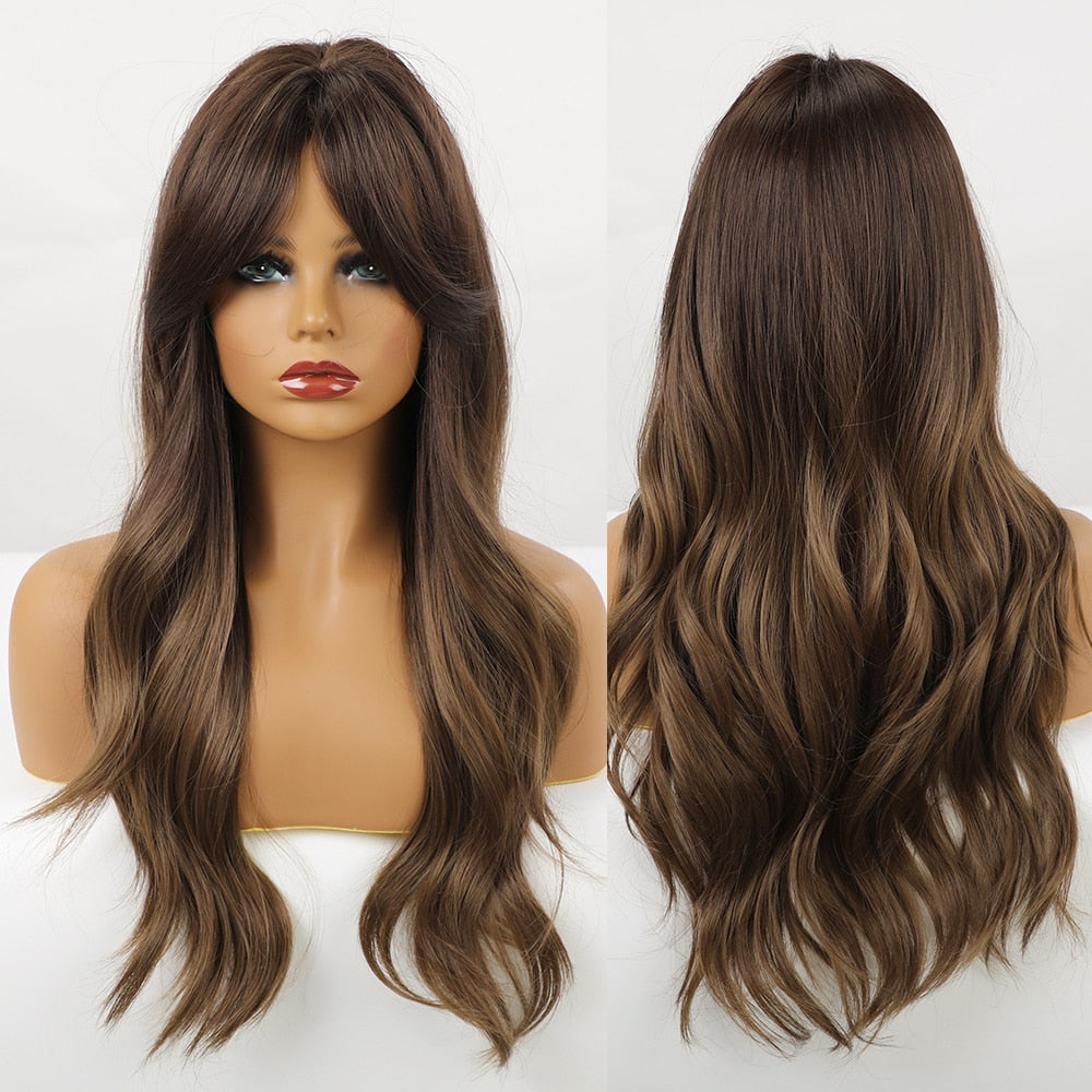 Synthetic Long Wavy Wigs with Bangs Cosplay Natural Ombre Brown to Ash Brown Hair for Women High Temperature Fiber Wig