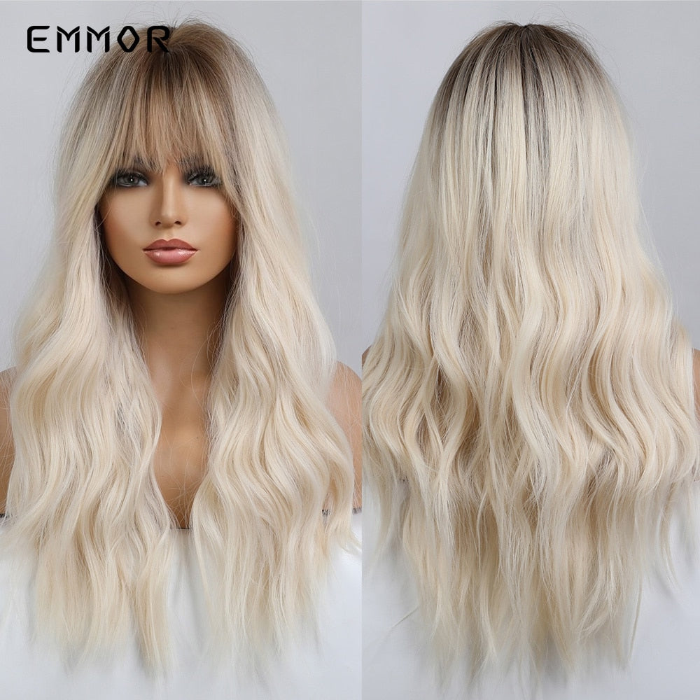 Synthetic Long Wavy Wigs with Bangs Cosplay Natural Ombre Brown to Ash Brown Hair for Women High Temperature Fiber Wig