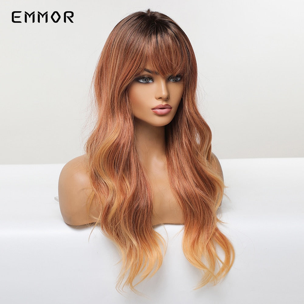 Synthetic Ombre Brown to Ginger Wigs Natural Blonde Wavy Hair Wig for Women Cosplay Orange-brown Daily Wigs with Bangs