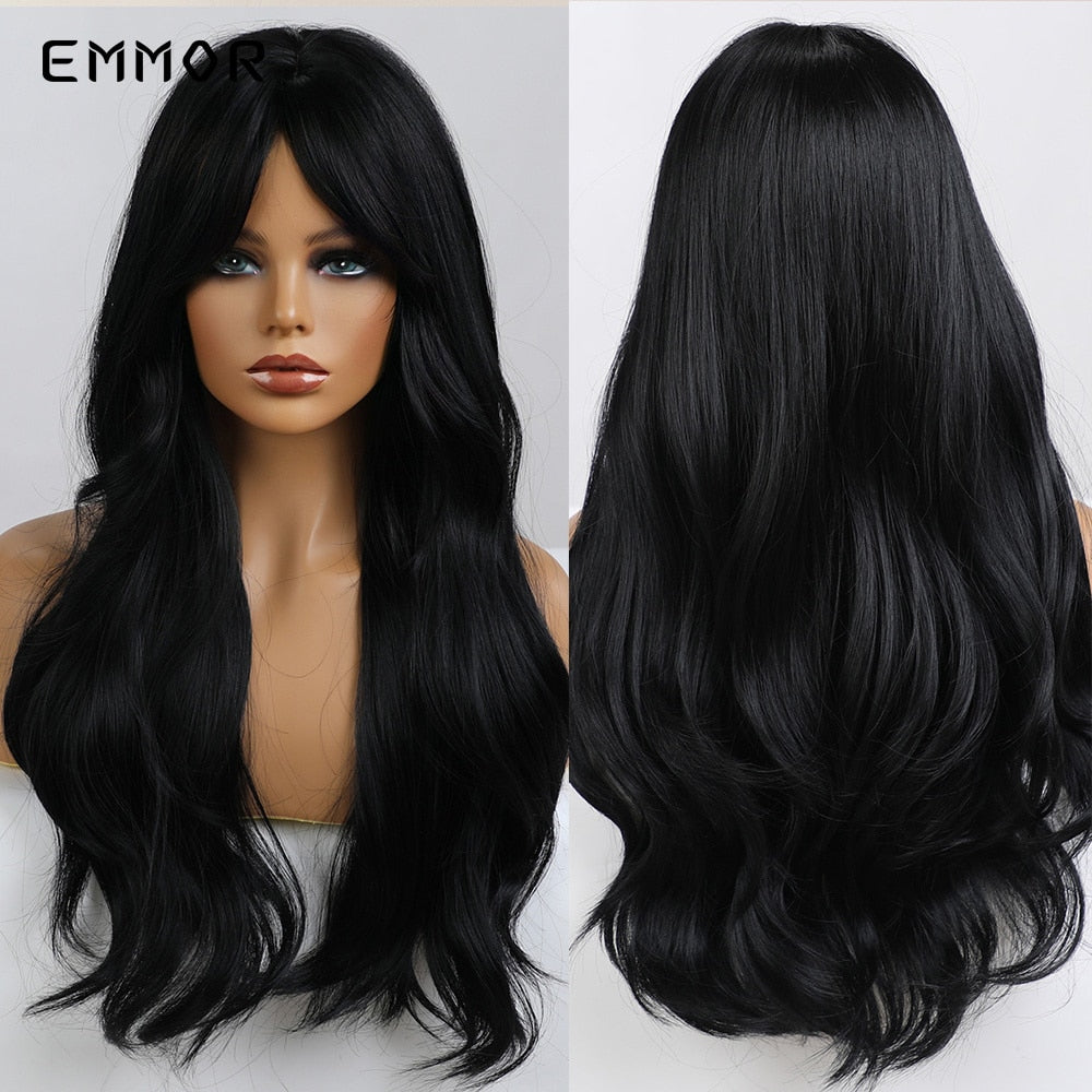 Synthetic Long Wavy Wigs with Bangs Cosplay Natural Ombre Brown to Ash Brown Hair for Women High Temperature Fiber Wig