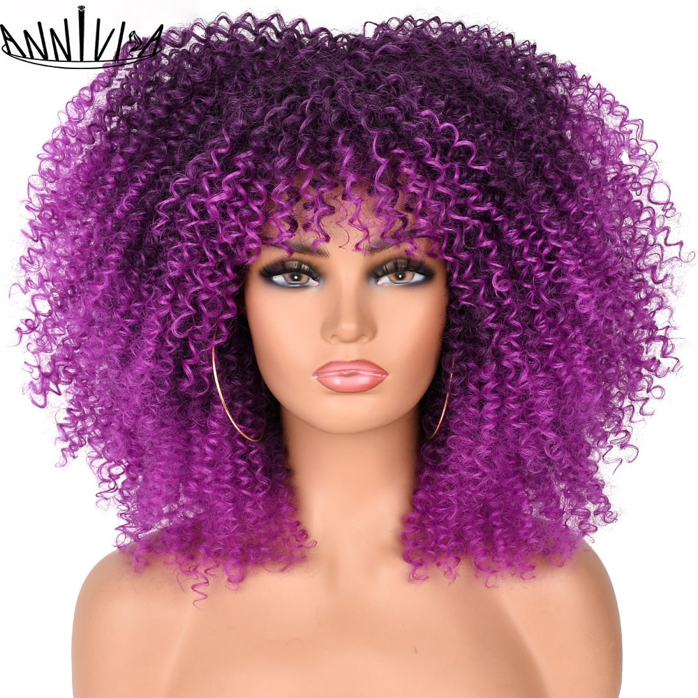 Short Hair Afro Kinky Curly Wigs With Bangs for Black Women Synthetic Ombre Glueless Cosplay Natural Brown Black Pink