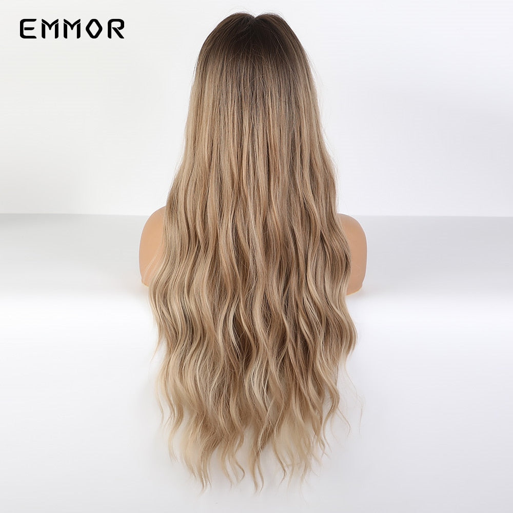 Synthetic Long Wavy Wigs with Bangs for Women Cosplay Natural Ombre Brown to Light Blonde Hair Wig High Temperature Fiber