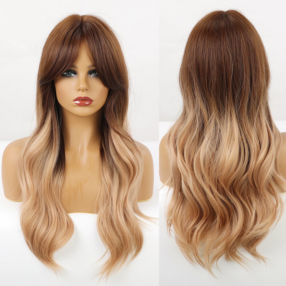 Synthetic Long Wavy Wigs with Bangs Cosplay Natural Ombre Brown to Dark Blonde Hair for Women High Temperature Fiber Wig