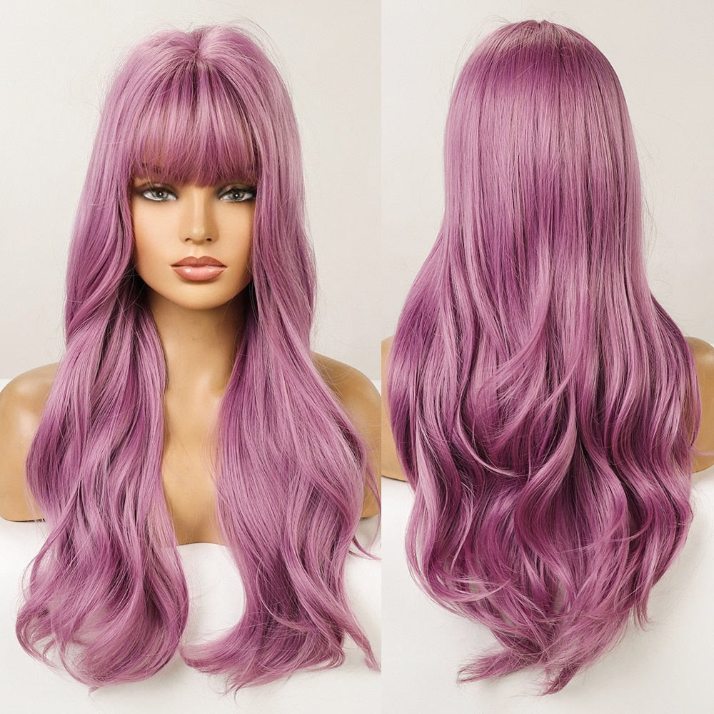 Synthetic Long Wavy Wigs with Bangs for Women Cosplay Natural Ombre Brown to Light Blonde Hair Wig High Temperature Fiber