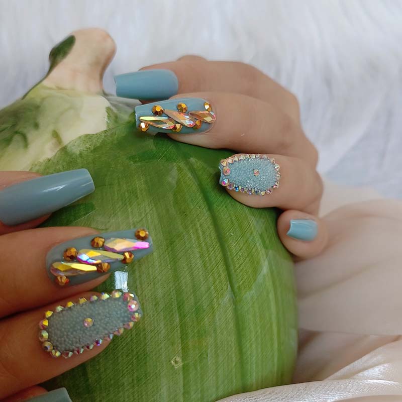 24pcs candy long ballet handmade crystal diamond fake nails sexy light blue