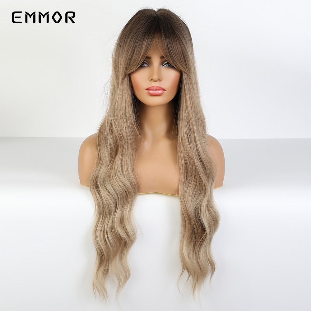 Synthetic Long Wavy Wigs with Bangs for Women Cosplay Natural Ombre Brown to Light Blonde Hair Wig High Temperature Fiber