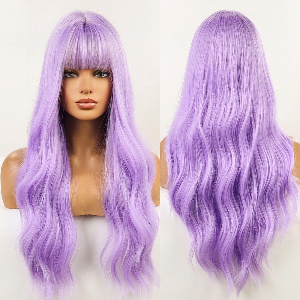 Synthetic Long Wavy Wigs with Bangs for Women Cosplay Natural Ombre Brown to Light Blonde Hair Wig High Temperature Fiber