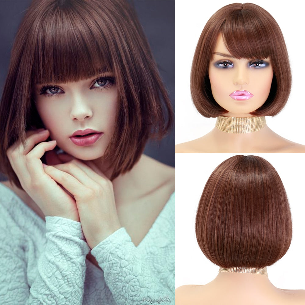 Synthetic Wigs Short Bob With Bangs For Women Ombre Black Red Blonde Pink Lolita Cosplay Party Natural Hair Roll inward