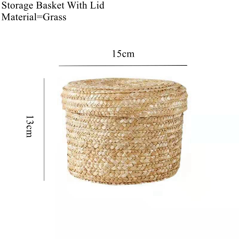 Handmade Straw Woven Basket With Lid Bridal Souvenir Box Seagrass Plant Basket Snack Storage Box Flower Organizer Basket