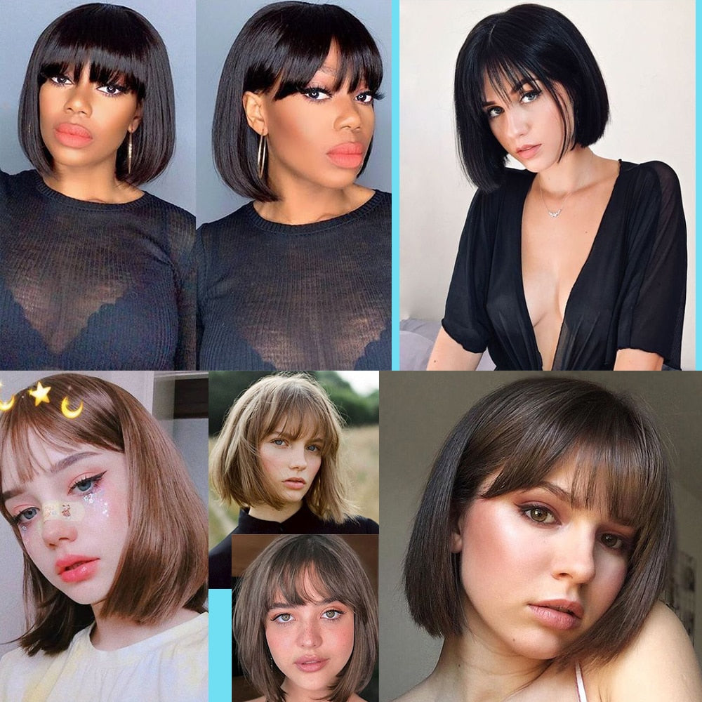 Synthetic Wigs Short Bob With Bangs For Women Ombre Black Red Blonde Pink Lolita Cosplay Party Natural Hair Roll inward