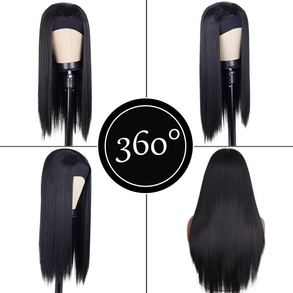 Synthetic Hair Wig 26inch Long Black Straight Headband Wigs Heat Resistant Machine Made Wig For Black Women