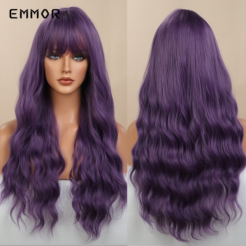 Synthetic Purple Wigs for Women Cosplay Party Lolita Wigs Bangs High Temperature Fiber Natural Long Body Wave Hair Wigs