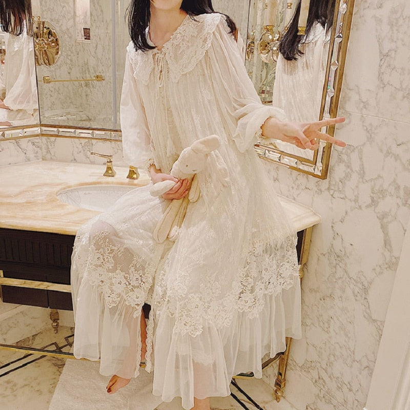 Vintage Luxury White Lace 2-Pics Women's Robe Sets Royal Roupas De Dormir Femininas Holiday Princess Sleepwear
