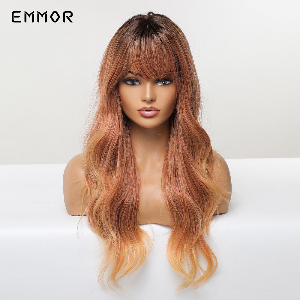Synthetic Ombre Brown to Ginger Wigs Natural Blonde Wavy Hair Wig for Women Cosplay Orange-brown Daily Wigs with Bangs