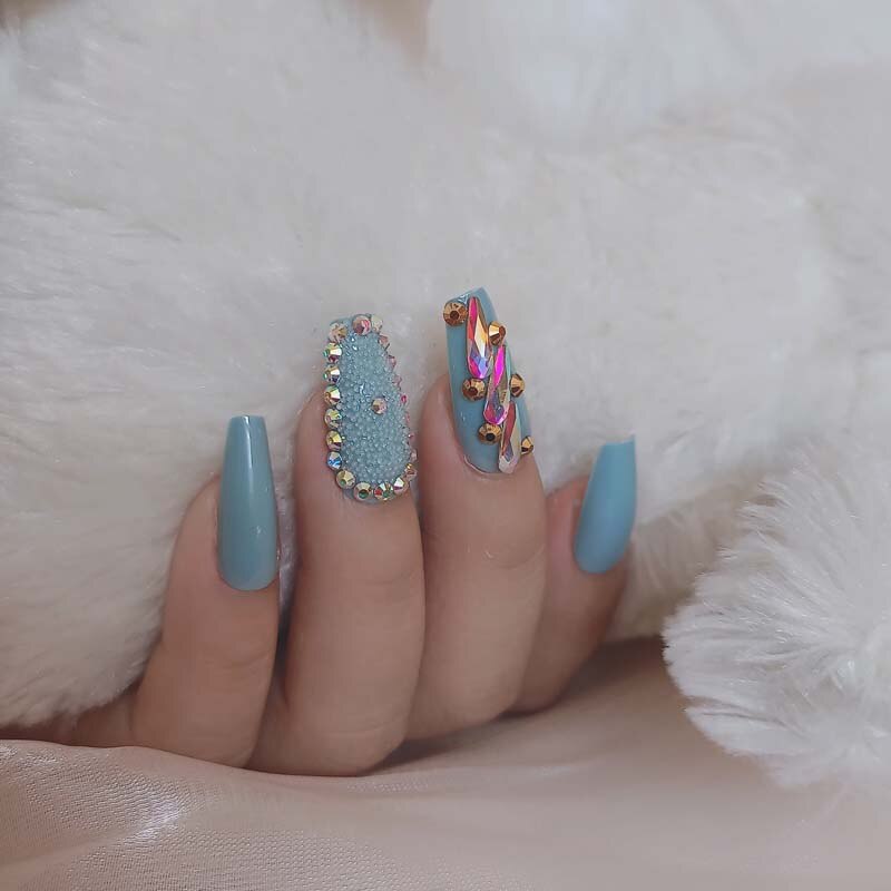 24pcs candy long ballet handmade crystal diamond fake nails sexy light blue