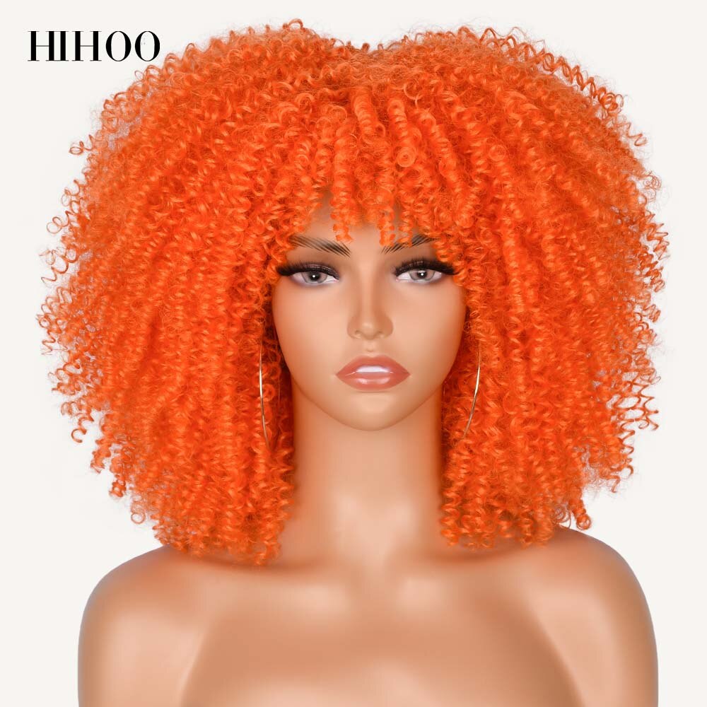Short Hair Afro Kinky Curly Wigs With Bangs For Black Women Cosplay Lolita Synthetic Natural Blonde Wig Red Blue Orange Wig