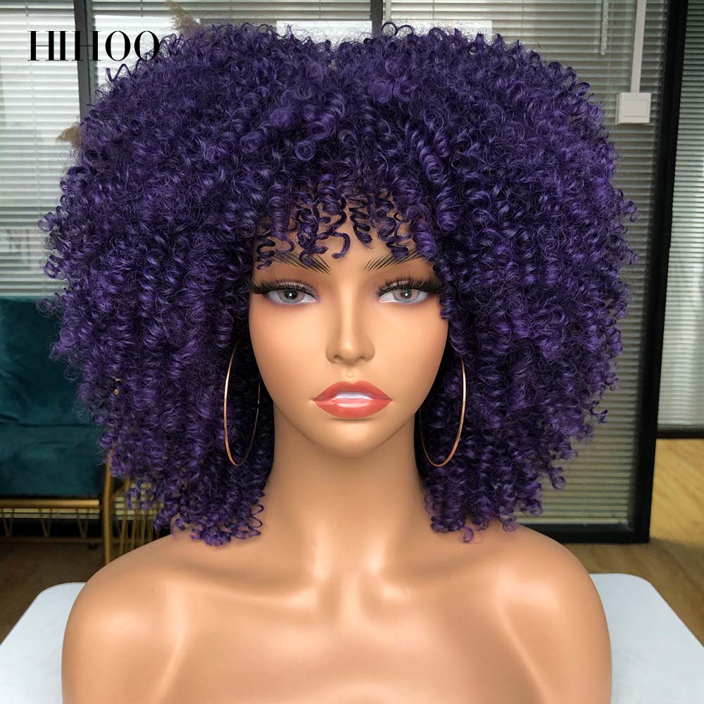 Short Hair Afro Kinky Curly Wigs With Bangs For Black Women Cosplay Lolita Synthetic Natural Blonde Wig Red Blue Orange Wig