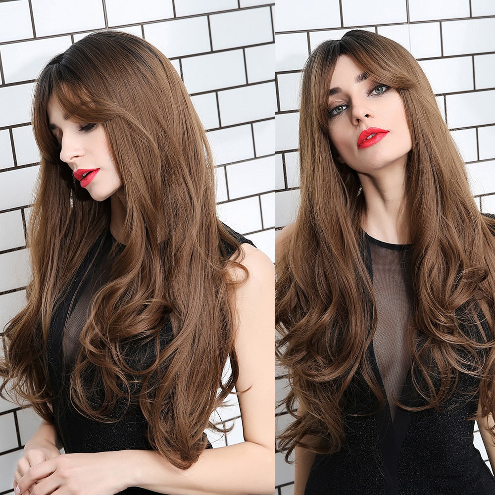 Synthetic Long Wavy Wigs with Bangs Cosplay Natural Ombre Brown to Ash Brown Hair for Women High Temperature Fiber Wig