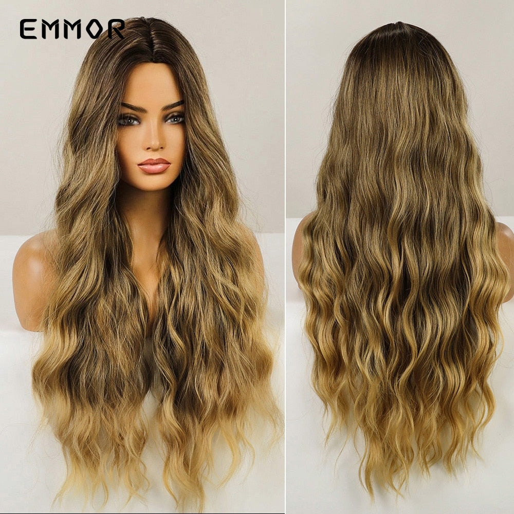 Synthetic Long Wavy Wigs with Bangs Cosplay Natural Ombre Brown to Ash Brown Hair for Women High Temperature Fiber Wig