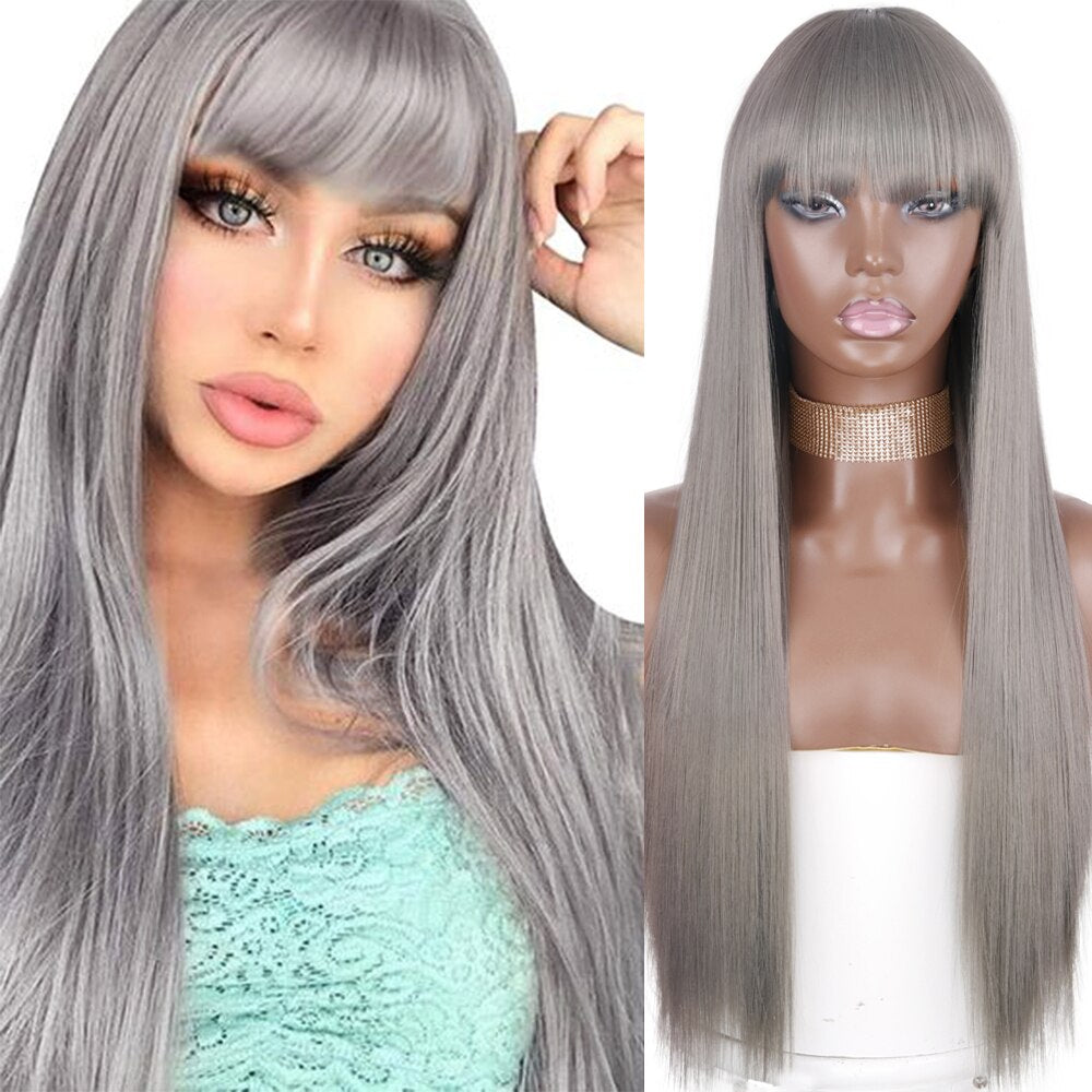 Synthetic Orange Long Straight Wig With Bangs Cosplay Synthetic Hair Wigs For Woman Heat Resistant Fiber Hair Wigs
