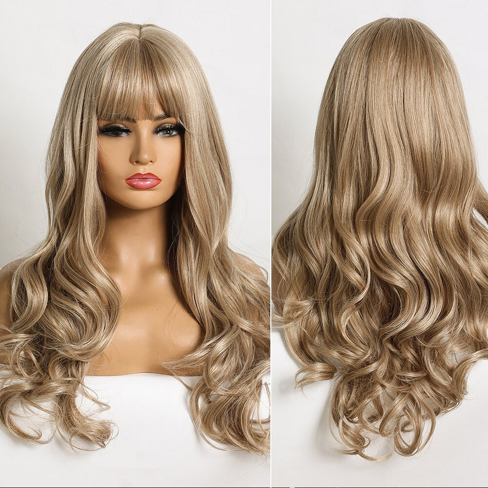 Synthetic Middle Dark Red with Bangs for Women Natural Long Water Wavy Cosplay Hairstyle Heat Resistant Fiber Hair Wigs