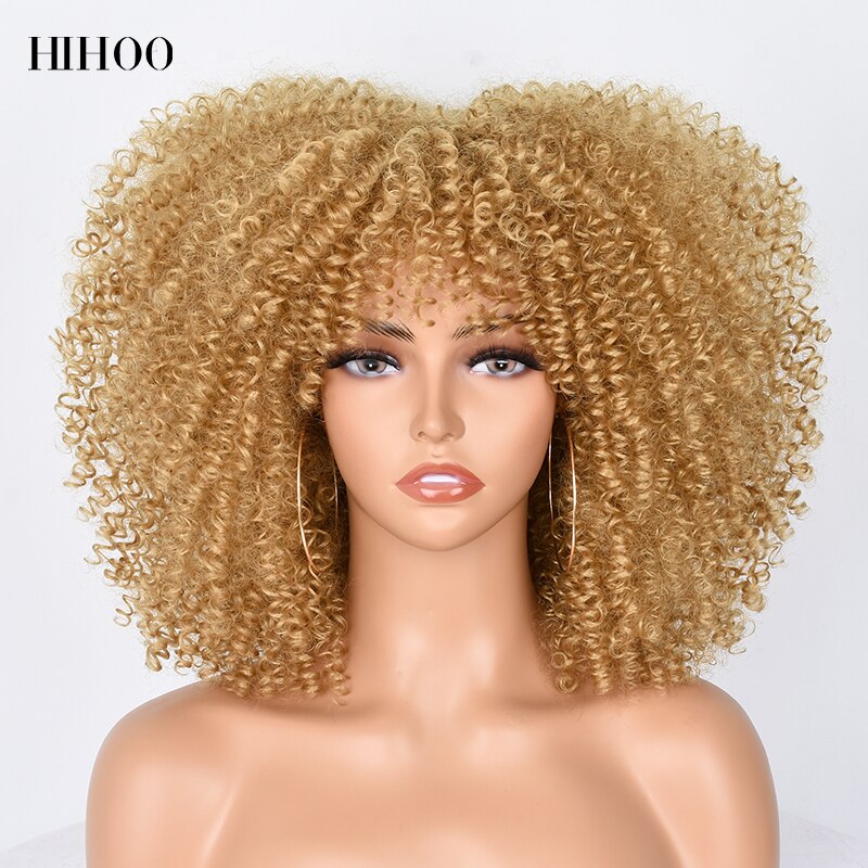 Short Hair Afro Kinky Curly Wigs With Bangs For Black Women Cosplay Lolita Synthetic Natural Blonde Wig Red Blue Orange Wig