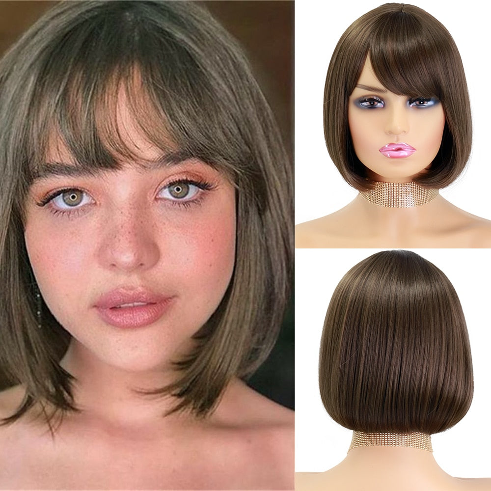 Synthetic Wigs Short Bob With Bangs For Women Ombre Black Red Blonde Pink Lolita Cosplay Party Natural Hair Roll inward