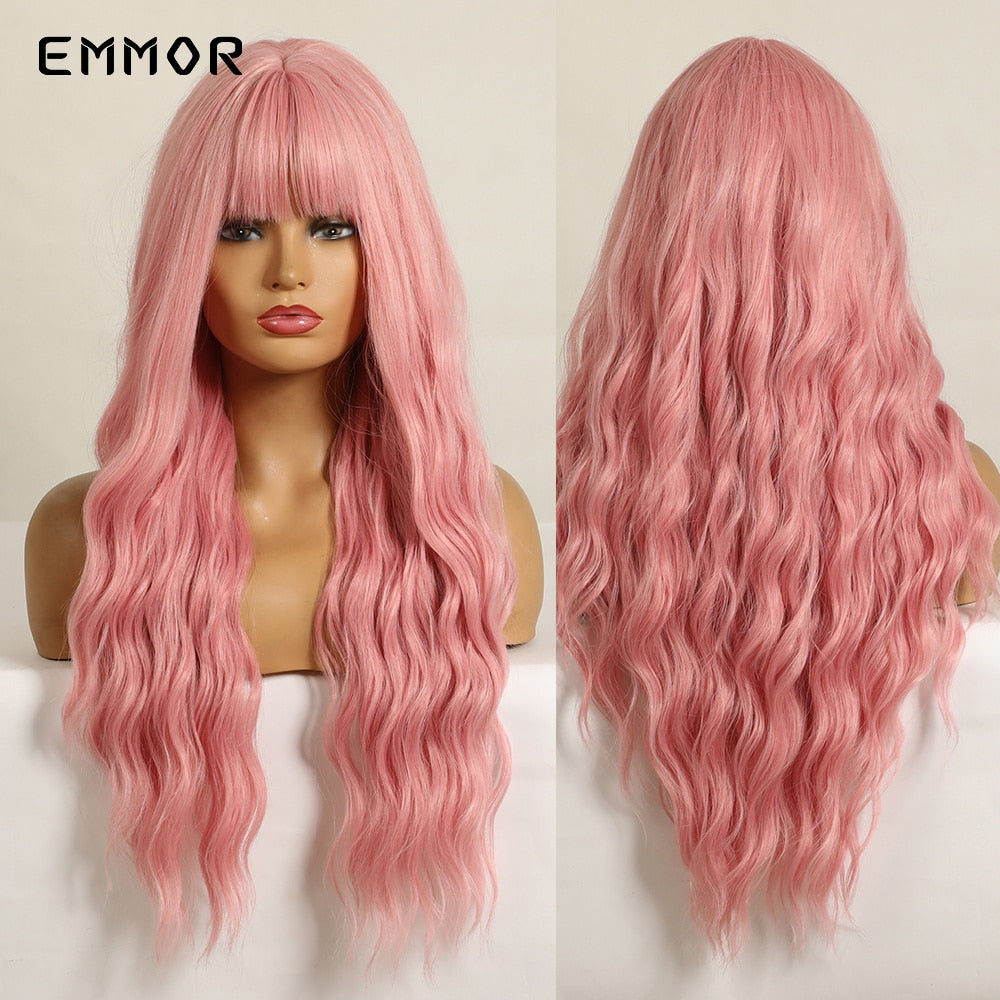 Synthetic Long Wavy Wigs with Bangs for Women Cosplay Natural Ombre Brown to Light Blonde Hair Wig High Temperature Fiber