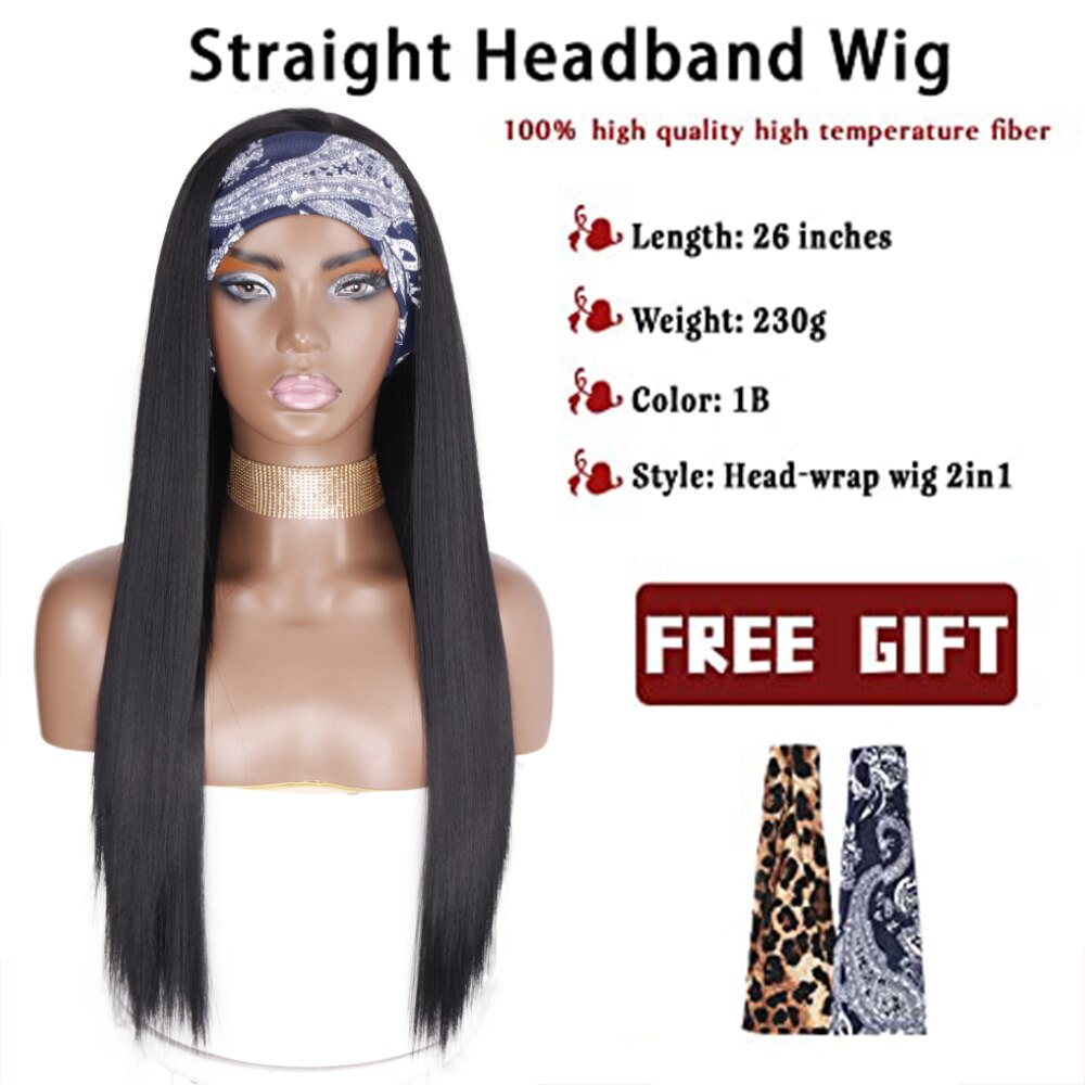 Synthetic Hair Wig 26inch Long Black Straight Headband Wigs Heat Resistant Machine Made Wig For Black Women