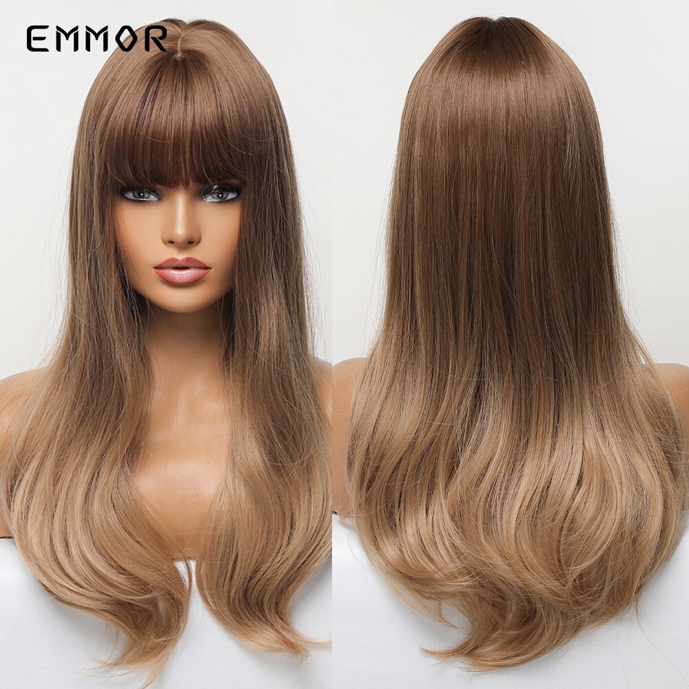 Synthetic Ombre Brown to Ginger Wigs Natural Blonde Wavy Hair Wig for Women Cosplay Orange-brown Daily Wigs with Bangs