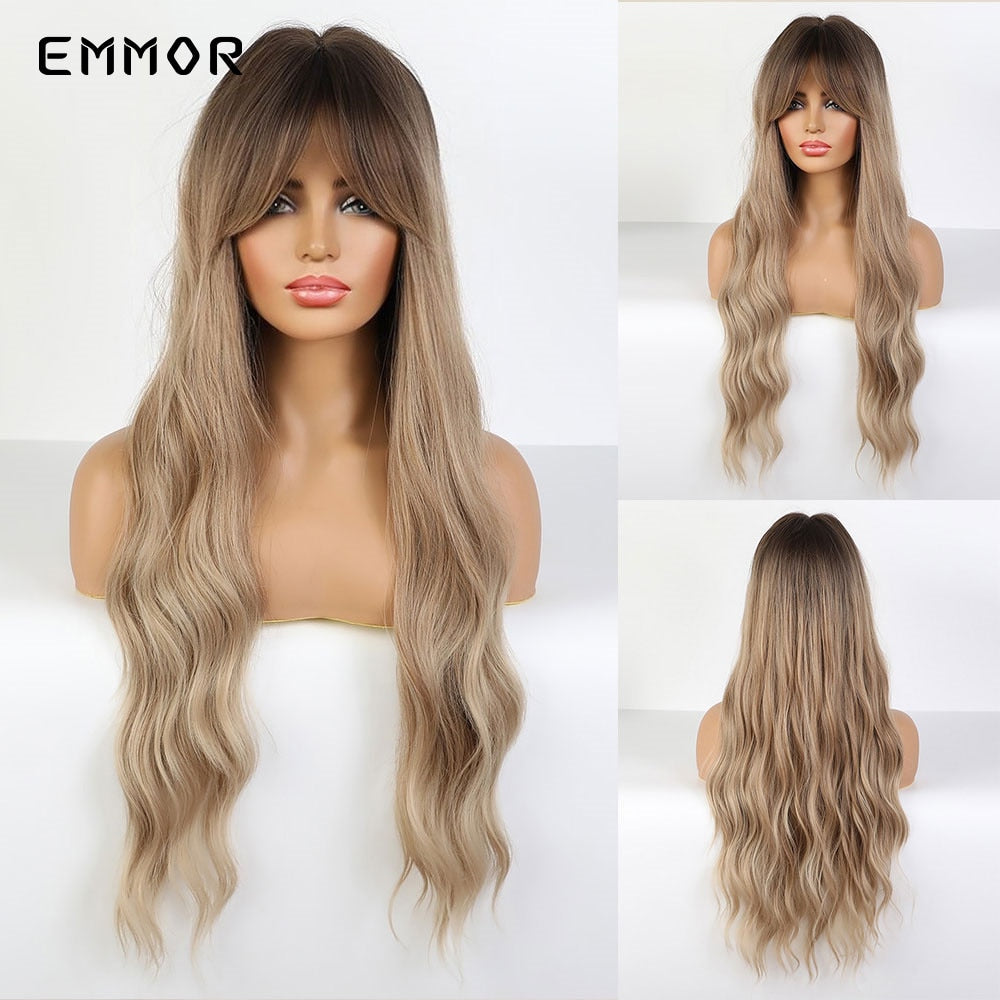 Synthetic Long Wavy Wigs with Bangs for Women Cosplay Natural Ombre Brown to Light Blonde Hair Wig High Temperature Fiber
